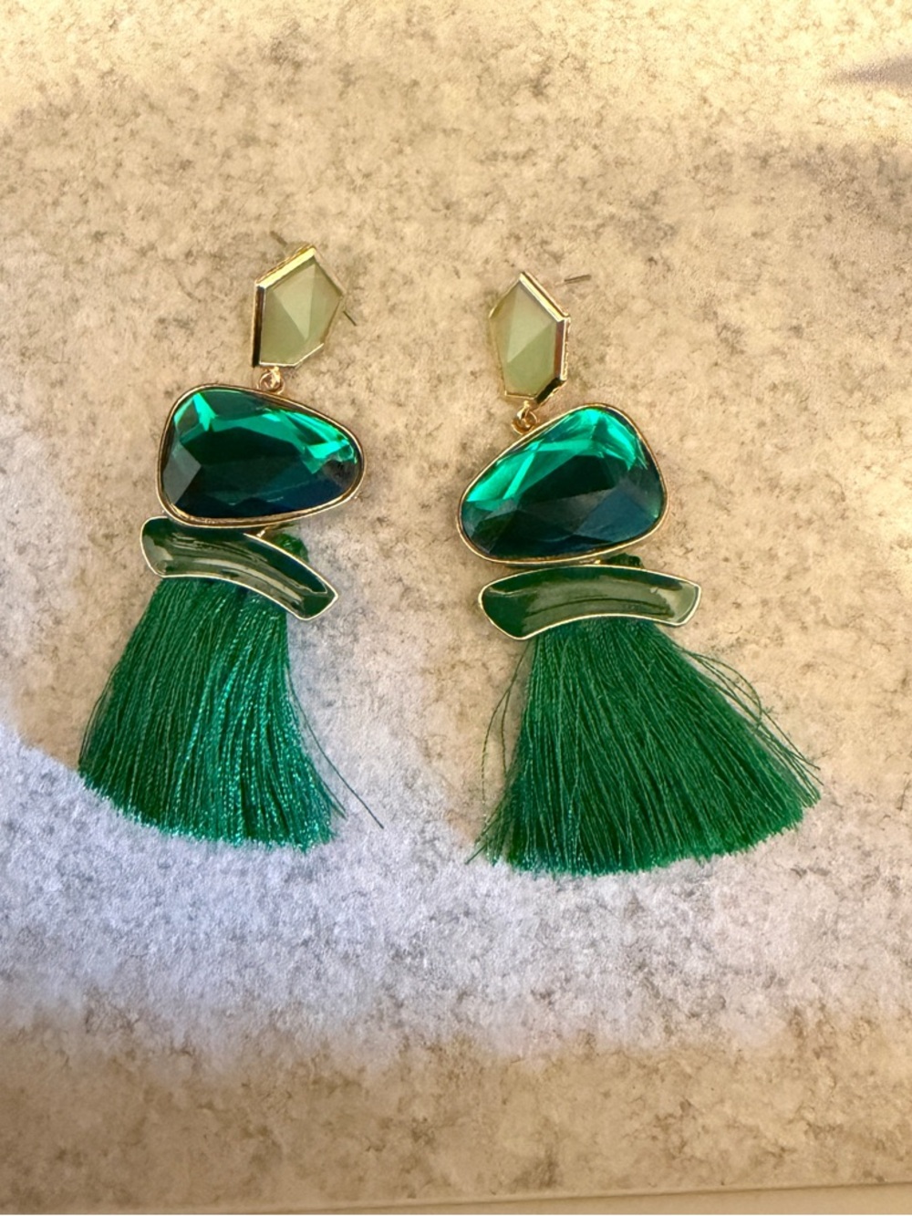 Green Tassel Statement Earrings - Gold Trim